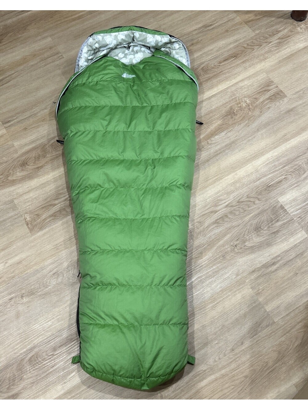 MEC Mummy Kids Sleeping Bag Green Sheep Pattern Camping 4.7ft Mountain Equipment